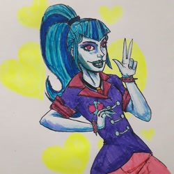 Size: 1080x1080 | Tagged: safe, artist:skuandich, sonata dusk, equestria girls, g4, clothes, female, heart, lipstick, peace sign, smiling, solo, traditional art