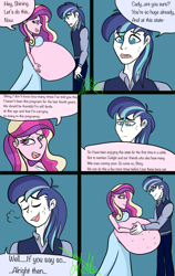 Size: 2400x3800 | Tagged: safe, alternate version, artist:chelseawest, princess cadance, shining armor, human, equestria girls, g4, bags under eyes, bedroom eyes, comic, couple, cute, eye contact, female, grey hair, hand on belly, high res, huge belly, husband and wife, hyper, hyper belly, hyper pregnancy, impossibly large belly, kicking, looking at each other, male, married couple, married couples doing married things, multiple pregnancy, older, pregdance, pregnant, pregnant equestria girls, ship:shiningcadance, shipping, sigh, signature, speech, speech bubble, straight, sweat, talking, worried
