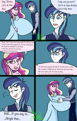 Size: 2400x3800 | Tagged: safe, alternate version, artist:chelseawest, princess cadance, shining armor, human, equestria girls, g4, bags under eyes, bedroom eyes, clothes, comic, couple, cute, dress, eye contact, female, grey hair, hand on belly, high res, huge belly, husband and wife, hyper, hyper belly, hyper pregnancy, impossibly large belly, kicking, looking at each other, male, married couple, married couples doing married things, maternity dress, multiple pregnancy, older, pregdance, pregnant, pregnant equestria girls, ship:shiningcadance, shipping, sigh, signature, speech, speech bubble, straight, sweat, talking, worried