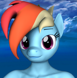 Size: 1068x1080 | Tagged: safe, artist:camtwo, rainbow dash, anthro, plantigrade anthro, g4, 3d, bust, cloud, female, looking at you, nudity, sky, smiling, solo, source filmmaker, wingless, wingless anthro