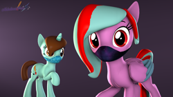 Size: 3840x2160 | Tagged: safe, artist:melodismol, oc, oc:melodi, oc:star beats, pegasus, pony, unicorn, 3d, coronavirus, covid-19, high res, looking at you, mask, simple background, social distancing, source filmmaker