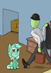 Size: 1000x1414 | Tagged: safe, artist:happy harvey, lyra heartstrings, oc, oc:anon, human, pony, unicorn, g4, briefcase, clothes, coat, coat rack, collar, couch, drawer, hallway, hat, looking up, meme, pet, phone drawing, pony pet, sitting, sitting lyra, walking