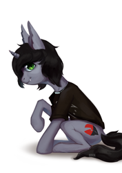 Size: 2480x3508 | Tagged: safe, artist:obvi, pony, unicorn, clothes, commission, curved horn, disguise, disguised siren, ear fluff, fangs, high res, horn, jewelry, kellin quinn, looking at you, male, necklace, ponified, profile, raised hoof, shirt, signature, simple background, sitting, sleeping with sirens, slit pupils, smiling, solo, stallion, t-shirt, white background, ych result