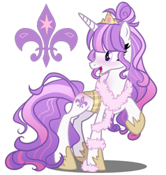 Size: 1200x1262 | Tagged: safe, artist:gihhbloonde, oc, oc only, unnamed oc, pony, unicorn, armor, blushing, clothes, crown, female, gradient mane, gradient tail, hair bun, hoof shoes, horn, jewelry, lavender eyes, looking back, magical lesbian spawn, mare, offspring, open mouth, parent:fleur-de-lis, parent:twilight sparkle, parents:fleurlight, princess shoes, purple eyes, raised hoof, regalia, scarf, simple background, smiling, solo, standing, tail, tiara, transparent background, turned head, unicorn oc