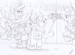 Size: 1024x759 | Tagged: safe, artist:xeviousgreenii, princess luna, alicorn, bat pony, earth pony, pegasus, pony, g4, adventurers, atg 2020, dungeon, female, guardsmare, male, mare, monochrome, newbie artist training grounds, night guard, royal guard, stallion, traditional art