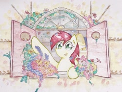 Size: 2737x2053 | Tagged: safe, artist:papersurgery, roseluck, earth pony, pony, g4, female, flower, high res, looking at you, mare, open mouth, solo, traditional art, watercolor painting, window