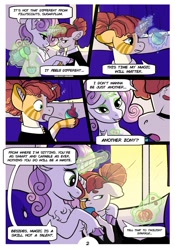 Size: 1024x1463 | Tagged: safe, artist:loryska, sweetie belle, oc, oc:clarabelle, hybrid, pony, zony, comic:friendship grows, g4, adopted offspring, carriage, cloven hooves, comic, female, filly, magic, older, parent:sweetie belle
