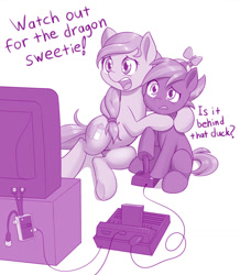Size: 1114x1280 | Tagged: safe, artist:dstears, button mash, oc, oc:cream heart, earth pony, pony, g4, adventure (atari game), atari 2600, atg 2020, colt, controller, cream heart and button mash:best mother and son, duo, female, hat, hug, joystick, male, mare, monochrome, mother and child, mother and son, mothers gonna mother, newbie artist training grounds, propeller hat, purple, simple background, television, video game, white background