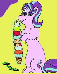 Size: 1280x1642 | Tagged: safe, artist:puffydearlysmith, starlight glimmer, pony, unicorn, g4, chest fluff, eating, female, food, glowing horn, horn, ice cream, long glimmer, long pony, mare, solo, that pony sure does love ice cream, tongue out