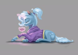 Size: 1920x1358 | Tagged: safe, artist:skyaircobra, trixie, pony, unicorn, g4, alternate hairstyle, babysitter trixie, clothes, cup, female, gray background, hoodie, magic, ponytail, prone, simple background, solo, teacup, telekinesis