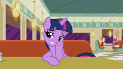 Size: 1920x1080 | Tagged: safe, screencap, beaude mane, joan pommelway, twilight sparkle, alicorn, earth pony, pony, g4, season 6, the saddle row review, background pony, bedroom eyes, booth, cafe, diner, female, grin, joan holloway, lidded eyes, male, mare, smiling, stallion, twilight sparkle (alicorn)