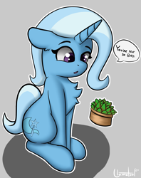 Size: 1389x1752 | Tagged: safe, artist:llametsul, trixie, pony, unicorn, g4, atg 2020, chest fluff, cute, cutie mark, dialogue, female, horn, mare, newbie artist training grounds, open mouth, plant, simple background, sitting, solo, speech bubble, white outline