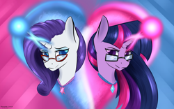 Size: 3454x2160 | Tagged: safe, artist:renarde-louve, rarity, twilight sparkle, pony, unicorn, g4, cutie mark pendant, female, glasses, glowing horn, head only, heart, high res, horn, jewelry, lesbian, necklace, pendant, rarity's glasses, ship:rarilight, shipping