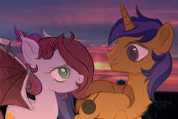 Size: 3333x2222 | Tagged: safe, artist:maddown, oc, oc only, oc:jade jump, oc:lunar spice, bat pony, pony, unicorn, fallout equestria, armor, commission, dusk, foe adventures, high res, jadespice, looking at each other, romantic, ych result