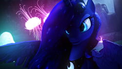 Size: 3840x2160 | Tagged: safe, artist:bckiwi, artist:lunar57, princess luna, alicorn, pony, g4, 3d, beautiful, collaboration, dream, dream walker luna, female, flower, glowing flower, high res, horn, looking at something, moonlight, pretty, solo, source filmmaker, spread wings, wallpaper, wings