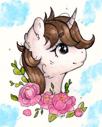 Size: 2861x3576 | Tagged: safe, artist:lightisanasshole, oc, oc only, oc:dorm pony, pony, unicorn, abstract background, blushing, branches, brown eyes, brown mane, bust, cheek fluff, female, flower, gray coat, high res, looking up, messy mane, profile, profile picture, solo