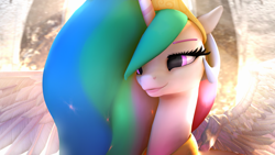 Size: 3840x2159 | Tagged: safe, artist:lunar57, princess celestia, alicorn, pony, g4, 3d, beautiful, bust, canterlot, cute, cutelestia, dust motes, female, floppy ears, high res, horn, lidded eyes, light, looking at something, mare, portrait, pretty, smiling, solo, source filmmaker, spread wings, sunlight, uhd wallpaper, wallpaper, wing fluff, wings