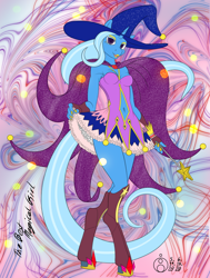 Size: 1134x1500 | Tagged: safe, artist:sepiakeys, trixie, unicorn, anthro, unguligrade anthro, g4, abstract background, belly window, boots, cape, clothes, female, hat, magical girl, magical girl outfit, shoes, skirt, solo, trixie's hat, wand