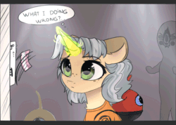 Size: 682x485 | Tagged: safe, artist:radioaxi, oc, oc only, oc:trickate, pony, unicorn, access card, access control, access control system, animated, card, female, gif, glowing horn, horn, magic, scp foundation, scp-131, scp-173, telekinesis, thought bubble