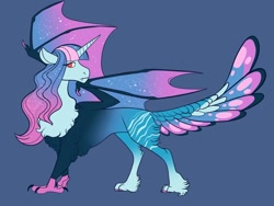 Size: 1024x768 | Tagged: safe, artist:loryska, oc, oc only, hybrid, blue background, ethereal mane, ethereal wings, interspecies offspring, offspring, parent:discord, parent:princess celestia, parents:dislestia, simple background, solo, wings