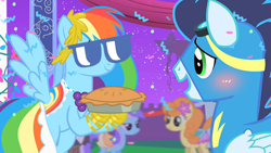 Size: 1280x720 | Tagged: safe, derpibooru exclusive, edit, editor:katy木土, screencap, carrot top, golden harvest, minuette, rainbow dash, soarin', pegasus, pony, g4, the best night ever, blushing, female, food, glasses, male, mare, pie, stallion
