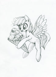 Size: 852x1165 | Tagged: safe, artist:maytee, derpy hooves, pegasus, pony, g4, female, food, grayscale, happy, hoof hold, ice cream, ice cream cone, mare, monochrome, pencil drawing, simple background, smiling, solo, traditional art, white background