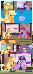 Size: 1919x4225 | Tagged: safe, artist:estories, applejack, twilight sparkle, alicorn, earth pony, pony, comic:a(pple)ffection, g4, what lies beneath, applejack's hat, comic, communication orb, cowboy hat, floppy ears, framed by legs, hat, magic, show accurate, telekinesis, train station, twilight sparkle (alicorn), vector