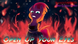 Size: 1334x750 | Tagged: safe, artist:cadetredshirt, tempest shadow, pony, unicorn, g4, digital art, female, fire, open up your eyes, simple background, solo, thumbnail