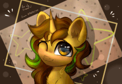 Size: 573x396 | Tagged: safe, artist:radioaxi, oc, oc only, oc:awkward dork, pony, unicorn, :p, abstract background, animated, chest fluff, femboy, gif, looking at you, male, one eye closed, smiling, solo, stallion, tongue out, wink