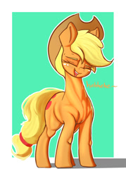 Size: 1250x1750 | Tagged: safe, artist:welost, applejack, earth pony, pony, g4, applejacked, eyes closed, female, hat, laughing, mare, muscles, open mouth, simple background, smiling, solo