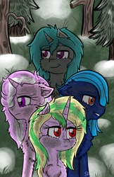 Size: 1438x2222 | Tagged: safe, artist:shinycyan, oc, oc:candy cane, oc:iron sonata, oc:lockpick, oc:star seeds, pony, unicorn, fallout equestria, fanfic:fallout equestria: mercenary tale, commission, cover art, dirt, fanfic art, forest, group, red eyes, snow, unsure