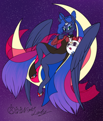 Size: 1278x1500 | Tagged: safe, artist:sepiakeys, princess luna, anthro, unguligrade anthro, g4, alternate hairstyle, black lady, clothes, crossover, dress, female, moon, sailor moon (series), see-through, solo