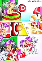 Size: 2219x3207 | Tagged: safe, artist:liaaqila, apple bloom, scootaloo, sweetie belle, earth pony, pegasus, pony, unicorn, comic:fly high scoots, g4, adorabloom, apple bloom's bow, bow, comic, cute, cutealoo, cutie mark crusaders, dialogue, diasweetes, dunk tank, flying, group hug, hair bow, high res, horn, hug, onomatopoeia, scootaloo can fly, scootalove, silly face, slime, sound effects, speech bubble, teasing, tongue out, traditional art, trio