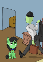 Size: 1000x1414 | Tagged: safe, artist:happy harvey, edit, oc, oc only, oc:anon, oc:filly anon, earth pony, human, pony, briefcase, clothes, coat, coat rack, collar, couch, drawer, female, filly, hallway, hat, looking up, meme, name tag, pet, phone drawing, pony pet, sitting, walking