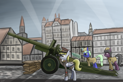 Size: 2850x1900 | Tagged: safe, artist:sinniepony, derpy hooves, oc, unnamed oc, earth pony, pegasus, pony, unicorn, g4, artillery, binoculars, city, clothes, female, glowing horn, horn, magic, mare, red army, sandbag, shell, soviet, soviet union, telekinesis, uniform, world war ii