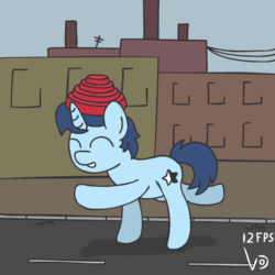 Size: 800x800 | Tagged: safe, artist:vohd, oc, oc only, oc:shinystar, pony, unicorn, animated, commission, cute, dancing, devo, energy dome, factory, frame by frame, hat, male, road, solo, squigglevision, street