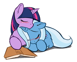Size: 606x492 | Tagged: safe, artist:0r0ch1, edit, trixie, twilight sparkle, pony, unicorn, g4, blushing, book, female, lesbian, mare, ship:twixie, shipping, simple background, transparent background