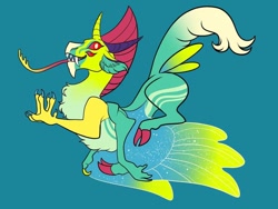 Size: 1024x768 | Tagged: safe, artist:loryska, oc, oc only, hybrid, blue background, hybrid wings, interspecies offspring, long tongue, magical gay spawn, multiple eyes, multiple limbs, offspring, parent:discord, parent:thorax, simple background, solo, tongue out, wings