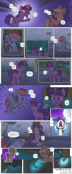 Size: 3000x7246 | Tagged: safe, artist:perfectblue97, applejack, fluttershy, rainbow dash, rarity, twilight sparkle, changeling, pegasus, pony, unicorn, comic:shadows of the past, g4, chest fluff, comic, glowing horn, hide, hoof hold, horn, mare in the moon, moon, nipples, nudity, open mouth, speech bubble, tree, unicorn twilight