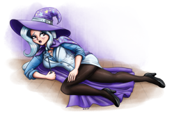 Size: 2400x1600 | Tagged: safe, artist:king-kakapo, trixie, human, g4, blushing, breasts, busty trixie, cape, cleavage, clothes, female, hat, humanized, legs, open mouth, pantyhose, solo, trixie's cape, trixie's hat, wand