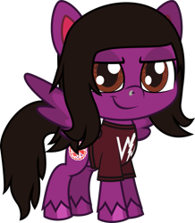 Size: 769x880 | Tagged: safe, artist:lightningbolt, derpibooru exclusive, pegasus, pony, g4.5, my little pony: pony life, .svg available, clothes, lidded eyes, male, nose piercing, pierce the veil, piercing, ponified, shirt, show accurate, simple background, smiling, smirk, solo, spread wings, stallion, standing, svg, t-shirt, transparent background, unshorn fetlocks, vector, vic fuentes, wings