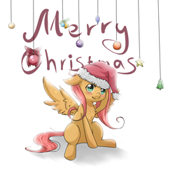 Size: 1000x1000 | Tagged: safe, artist:tomat-in-cup, fluttershy, pegasus, pony, g4, 2012, bauble, blushing, chest fluff, christmas, female, floppy ears, hat, holiday, looking at you, mare, merry christmas, raised hoof, santa hat, sitting, smiling, solo, spread wings, wings