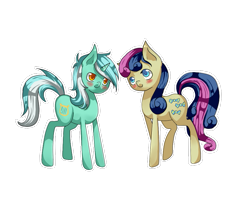 Size: 845x680 | Tagged: safe, artist:tomat-in-cup, bon bon, lyra heartstrings, sweetie drops, earth pony, pony, unicorn, g4, blushing, duo, female, mare, simple background, transparent background