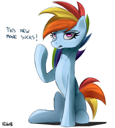 Size: 2250x2500 | Tagged: safe, artist:nixworld, rainbow dash, pegasus, pony, g4, g4.5, my little pony: pony life, alternate hairstyle, female, g4.5 to g4, high res, meta, mouthpiece, simple background, sitting, solo, talking, white background