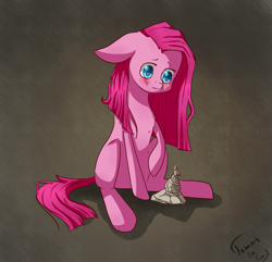 Size: 1405x1357 | Tagged: safe, artist:tomat-in-cup, pinkie pie, earth pony, pony, g4, female, mare, pinkamena diane pie, rock, sad, signature, solo