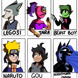 Size: 768x768 | Tagged: safe, alternate version, artist:frengle_, nightmare moon, alicorn, human, pony, wolf, anthro, g4, anthro with ponies, beast boy, beastars, brawl stars, brawler, bust, clothes, colored, crossover, female, goh, grin, helmet, hoof shoes, hooves to the chest, legosi (beastars), mare, naruto, raised hoof, six fanarts, smiling, supercell, tara, tara (brawl stars), teen titans go