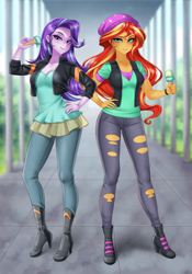 Size: 770x1100 | Tagged: safe, artist:racoonsan, color edit, edit, editor:drakeyc, starlight glimmer, sunset shimmer, equestria girls, equestria girls specials, g4, my little pony equestria girls: mirror magic, anime, beanie, boots, clothes, clothes swap, colored, cute, duo, duo female, equestria girls edit, female, food, hat, ice cream, ice cream cone, shoes, skin color edit, starlight glimmer's boots, that human sure does love ice cream, that pony sure does love ice cream
