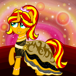 Size: 1200x1200 | Tagged: safe, artist:php185, sunset shimmer, pony, unicorn, g4, clothes, crown, dress, evening, jewelry, regalia, sun, sunset