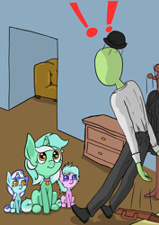 Size: 1000x1414 | Tagged: safe, artist:happy harvey, lyra heartstrings, oc, oc:anon, earth pony, human, pony, unicorn, g4, briefcase, clothes, coat, coat rack, collar, colored pupils, couch, drawer, dropping, female, filly, foal, hallway, hat, hatless, looking up, meme, missing accessory, pet, phone drawing, pony pet, shocked, sitting, sitting lyra, surprised, walking