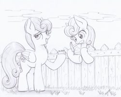 Size: 1024x823 | Tagged: safe, artist:xeviousgreenii, carrot top, golden harvest, strawberry sunrise, earth pony, pegasus, pony, g4, atg 2020, female, fence, grayscale, hammer, hoof hold, mare, monochrome, mouth hold, nails, newbie artist training grounds, pencil drawing, traditional art